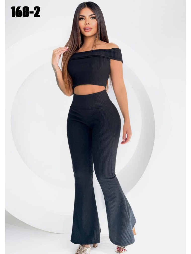 Conjunto de 2 Piezas Top Hombros Descubiertos y Pantalón Campana Negro para Mujer 168-2