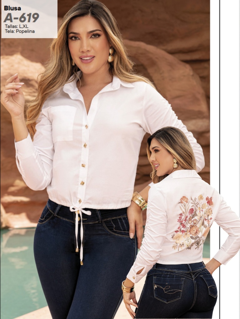 Blusa Abotonada Manga Larga Blanco para Mujer A-619