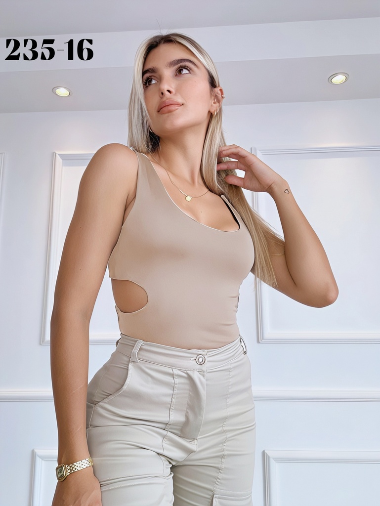 Body Colombiano con Abertura Lateral – Sin Mangas, Beige