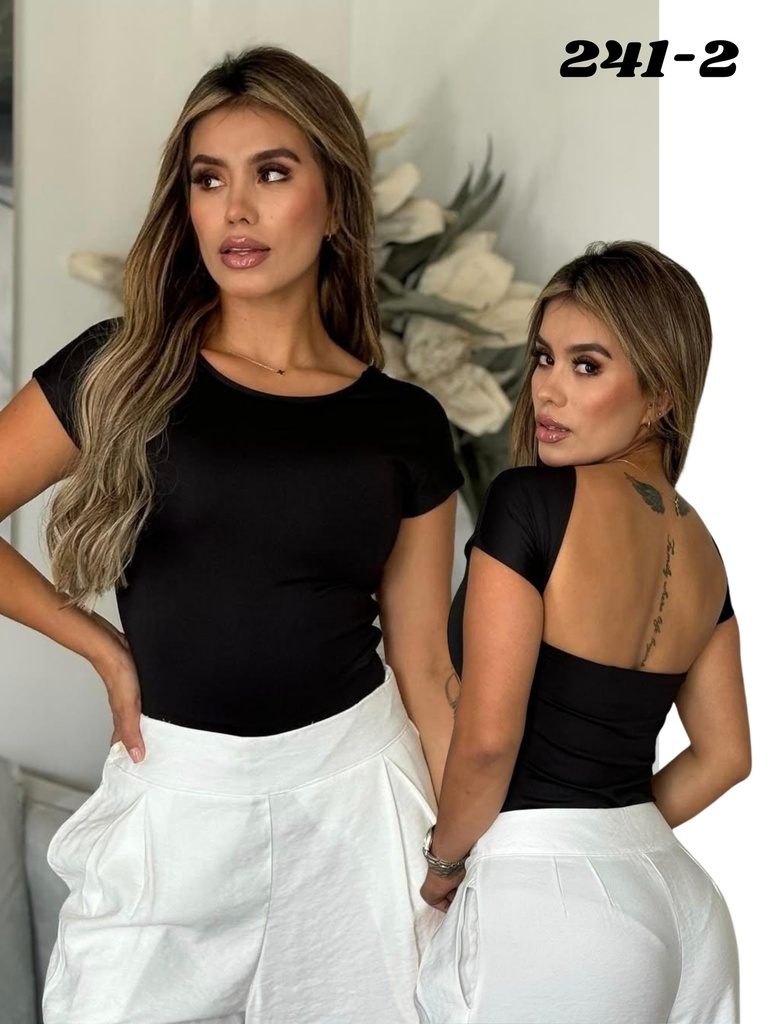 Women's Black Short-Sleeve Open-Back Bodysuit 241-2