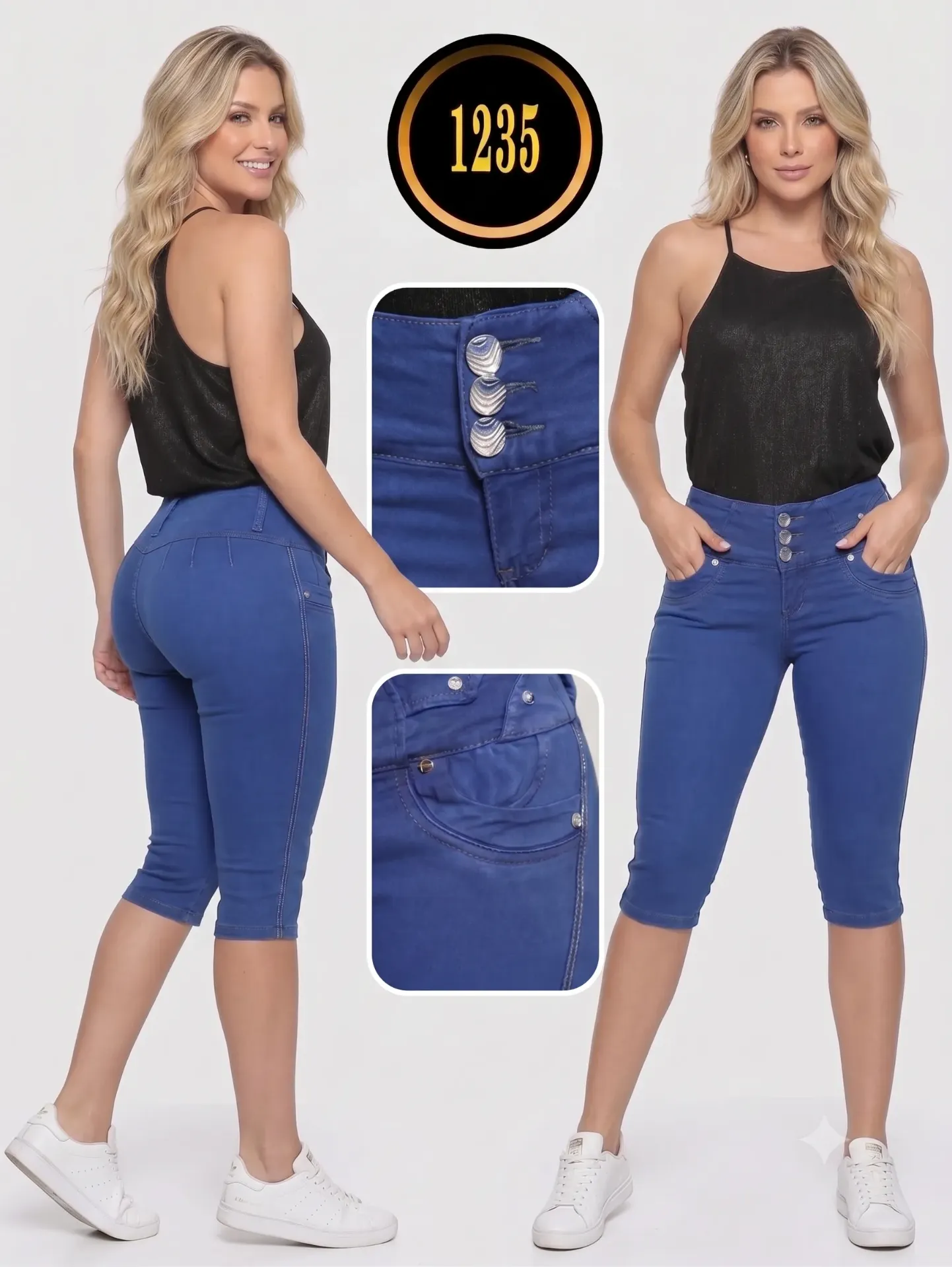 Capri Levantacola Azul Cobalto con Bolsillos de Botones – Thaxx Boutique