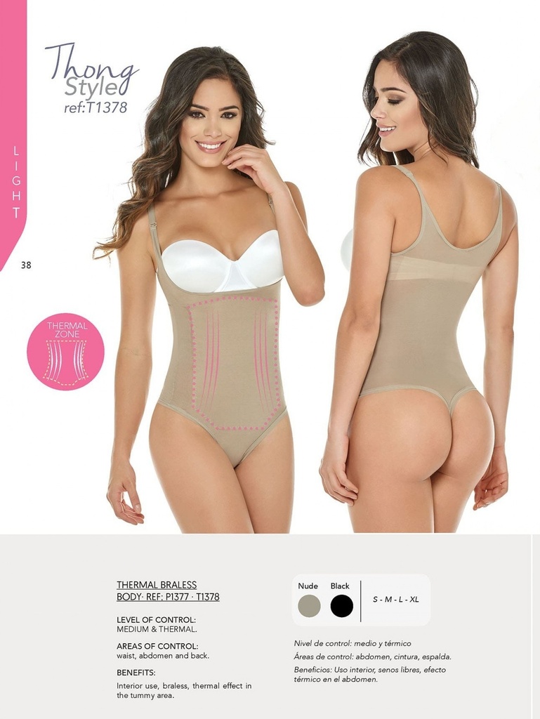 [1361378S] Women's Beige Thong Thermal Shaper Bodysuit Shapewear Body (S)