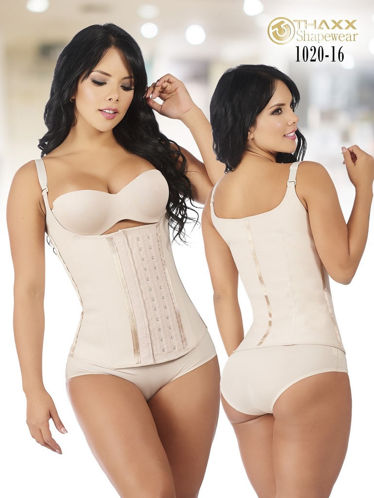 [1371020S16] Women's Beige Latex-Coated Vest Waist Cincher with 3-Hook Closure – Thaxx Style 1020 (S)