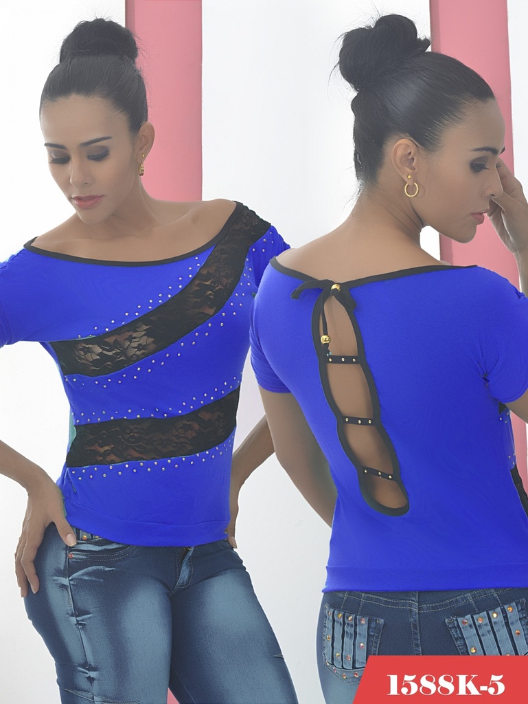 Blusa Franja de Encaje Azul para Mujer 1588K-3