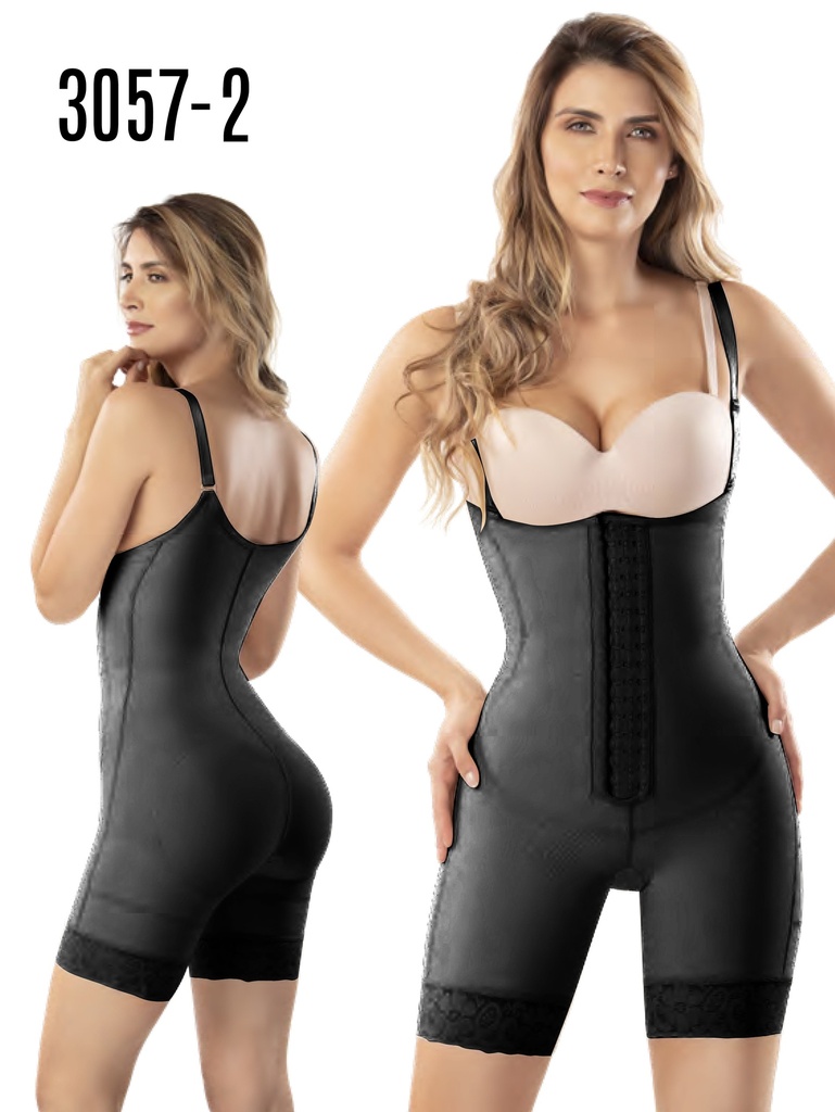 [1373057XXL2] Women's Black Powernet Knee-Length Post-Surgical Faja with Straps – Style 3057 Plus Size (2XL)