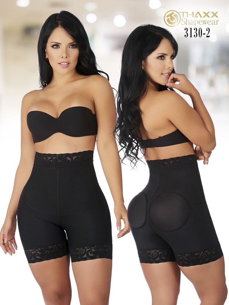 [1373130XS2] Women's Black High-Waisted Butt-Lifting Panty Shaper with Lace Hem (XS)