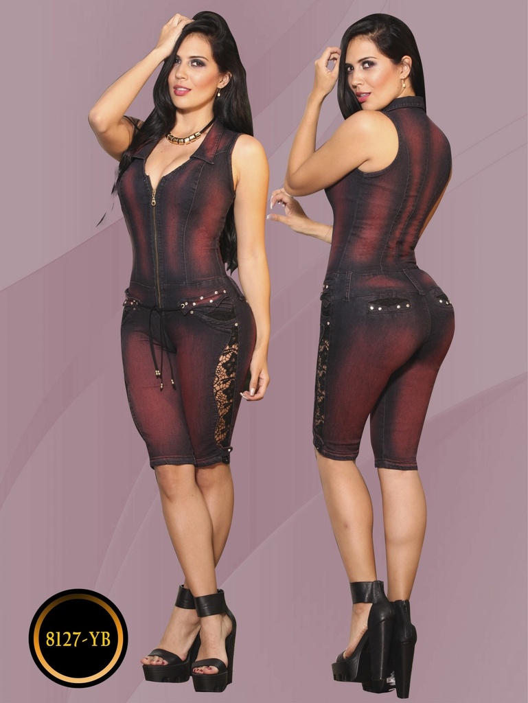 [1138127YB01] Women's Burgundy Wash Sleeveless Bermuda Romper Jumpsuit 8127-YB