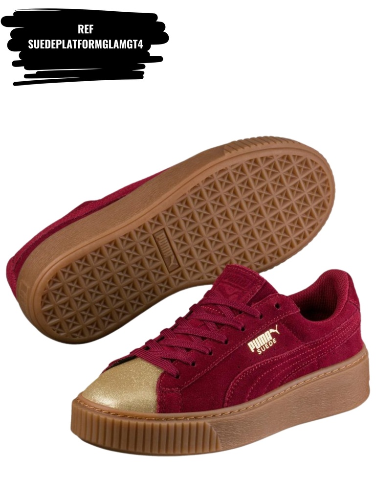 [263SUEDEPLATFORMGLAMGT4-7] Women's Burgundy Suede Platform Sneakers with Gold Toe Cap (7)