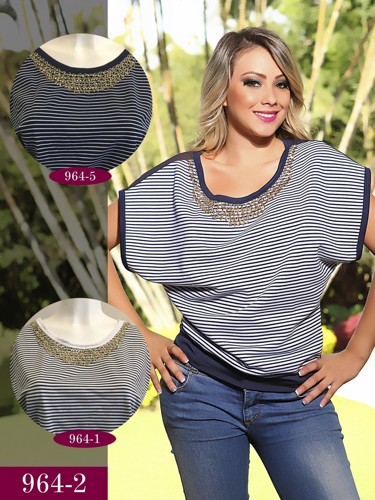 [2409642] Blusa Cuello con Pedrería Rayas Azul Marino para Mujer 964-2