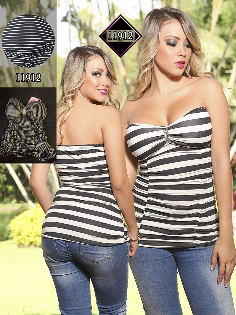 [24011912] Women's Black & White Striped Strapless Crop Top 889