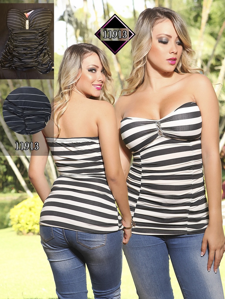 Crop Top Strapless Rayas Blanco y Negro para Mujer 890
