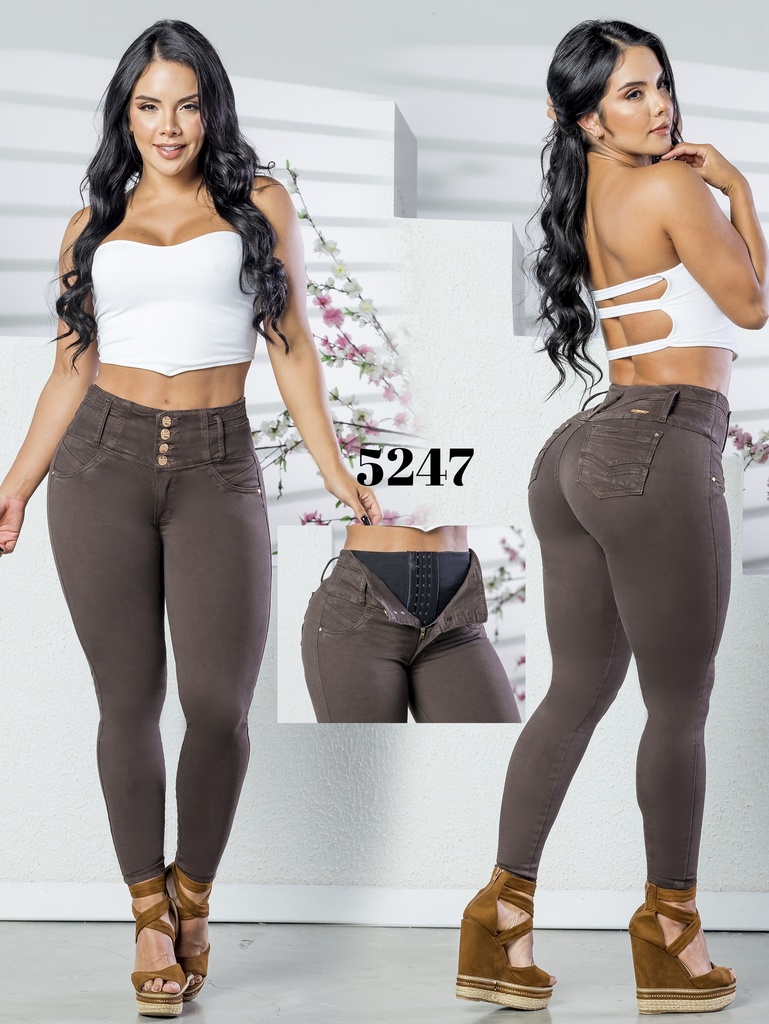 Jeans Levantacola Skinny Marrón Topo Oscuro con Faja Interna