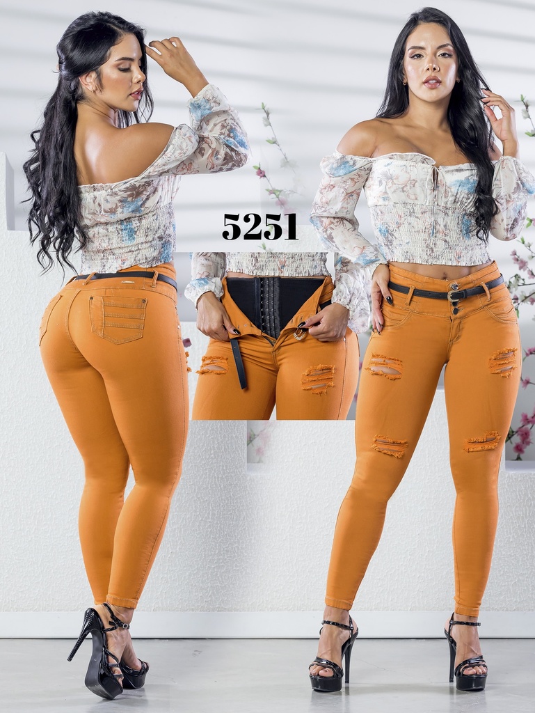 Jeans Levantacola Skinny Naranja Quemado con Faja Interna