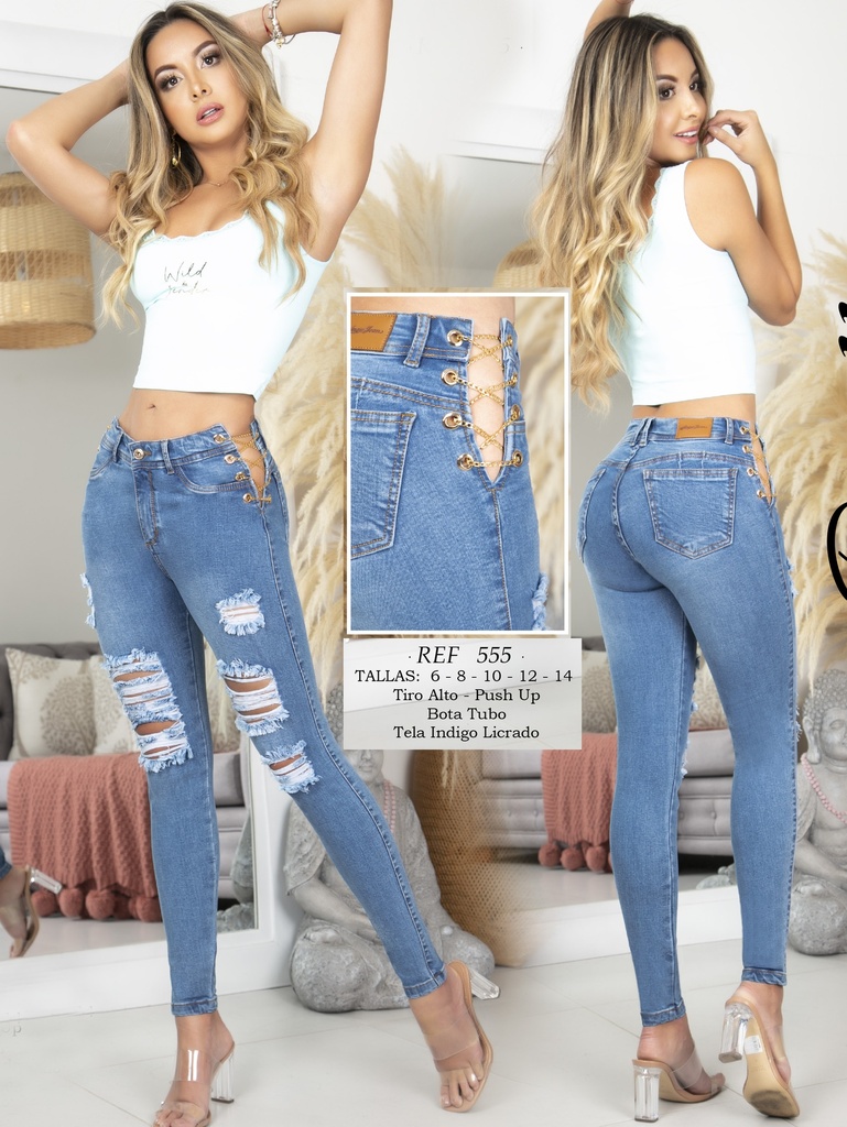 Jeans Levantacola Skinny Azul Medio Rasgados con Botones