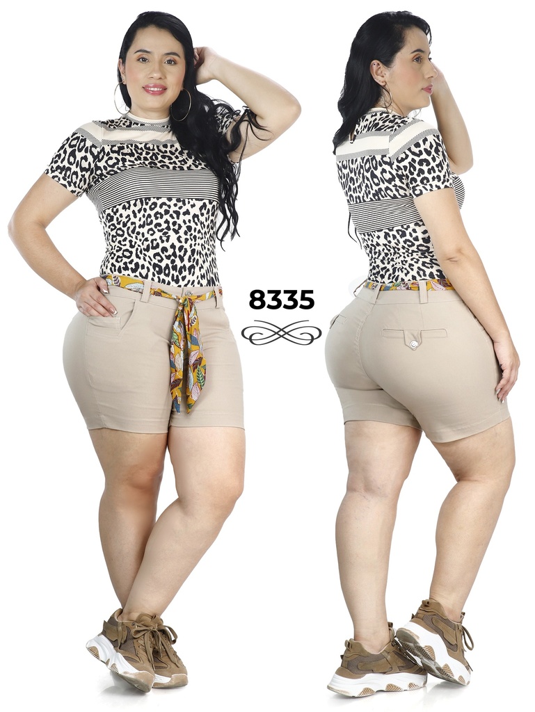 Short Tiro Alto con Cinturón Beige para Mujer 8335