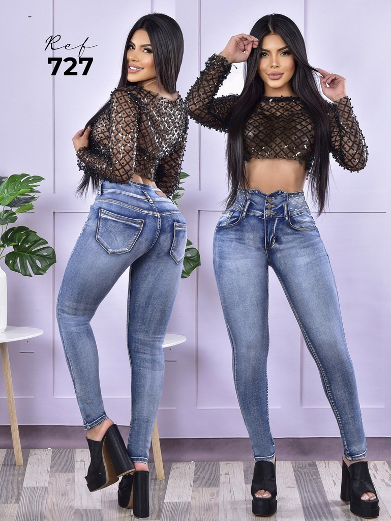 Jeans Levantacola Skinny Azul Medio de Tiro Alto