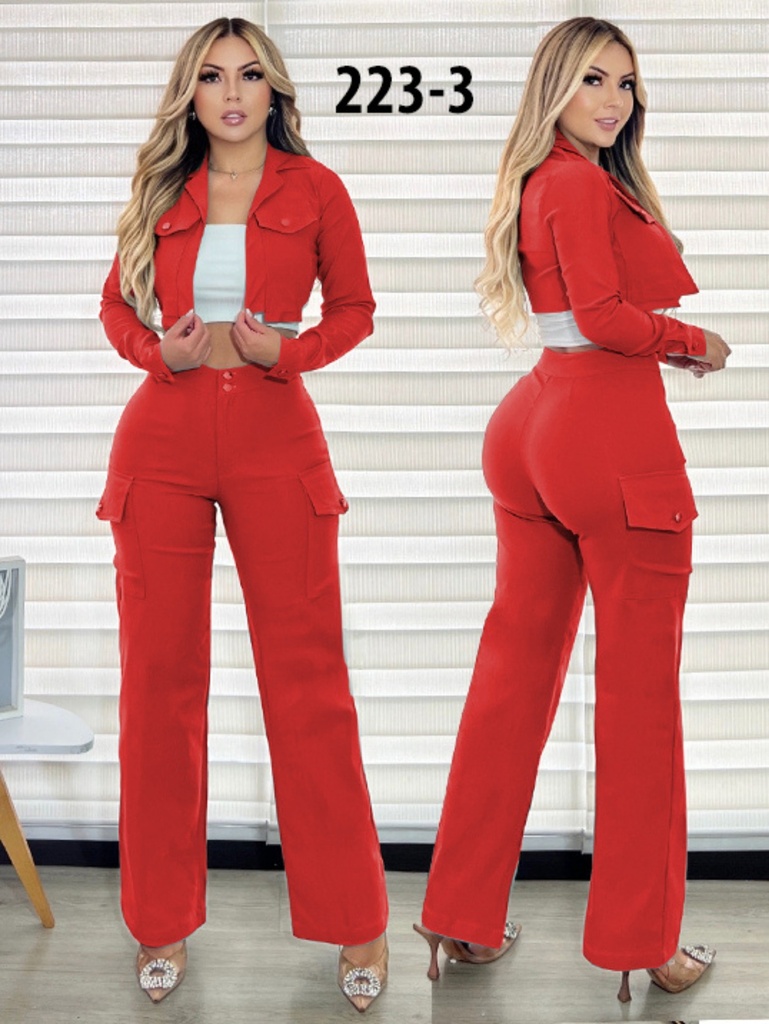 Conjunto de 2 Piezas Chaqueta Corta y Pantalón Cargo Rojo para Mujer 223-3