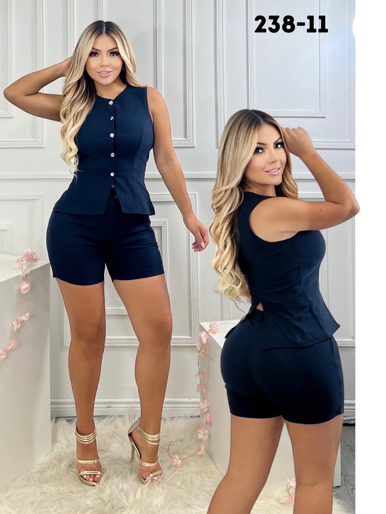 Conjunto de 2 Piezas Top Abotonado y Short Azul Marino para Mujer 238-11