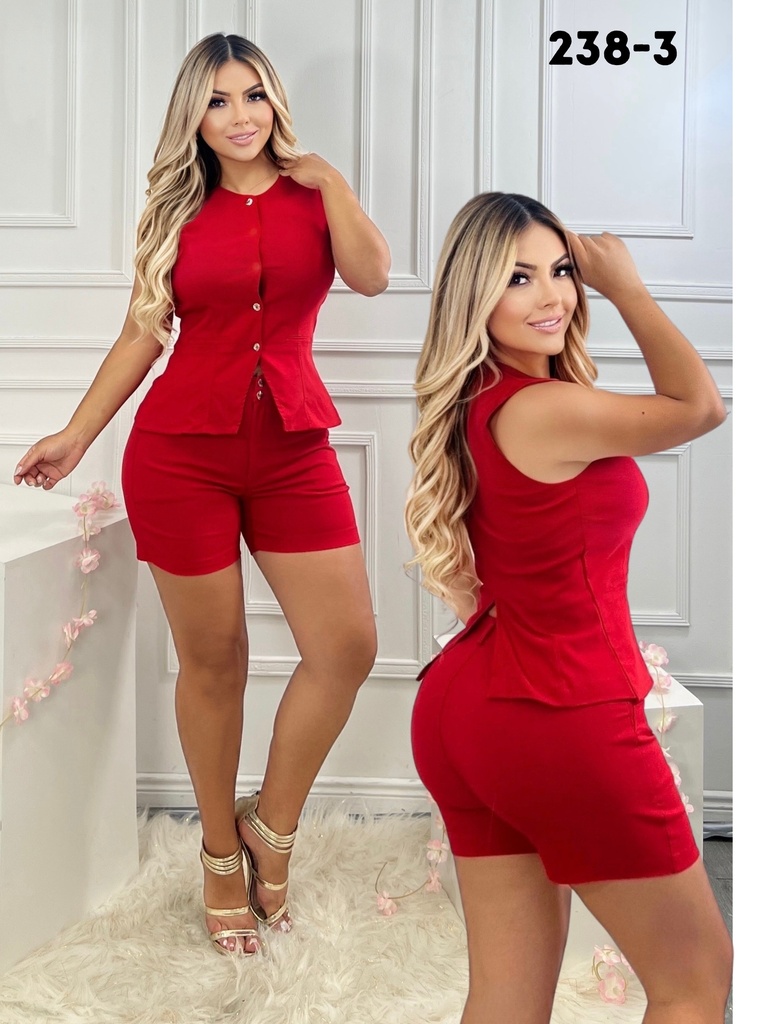 Conjunto de 2 Piezas Top Abotonado y Short Rojo para Mujer 238-3
