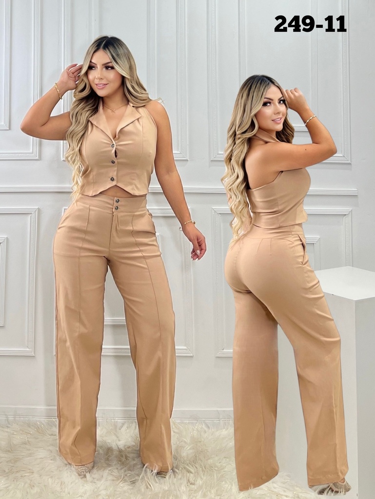 [37724911S] Conjunto Chaleco Halter y Pantalón Bota Ancha – Camel (S)