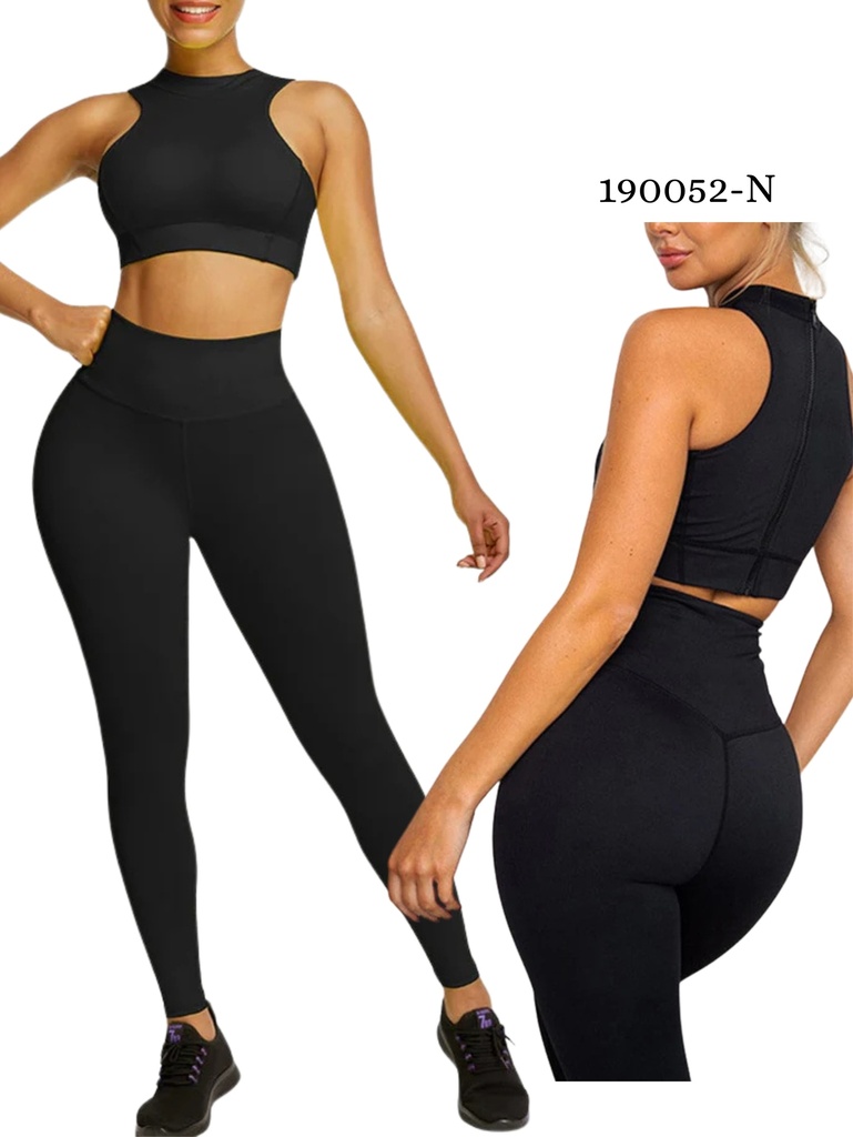[386190052NM] Women's Black Zip-Neck Crop Top & Leggings Activewear Set 190052-N (M)