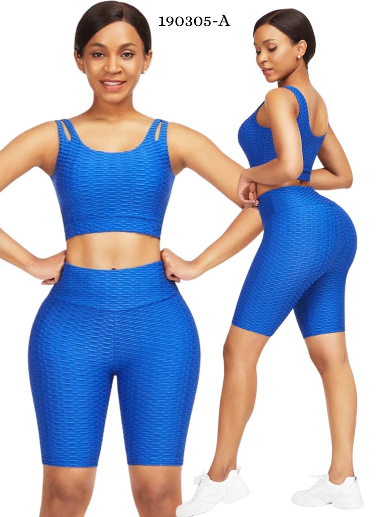 [386190305AS] Women's Royal Blue Textured Sports Bra & Biker Shorts Activewear Set 190305-A (S)