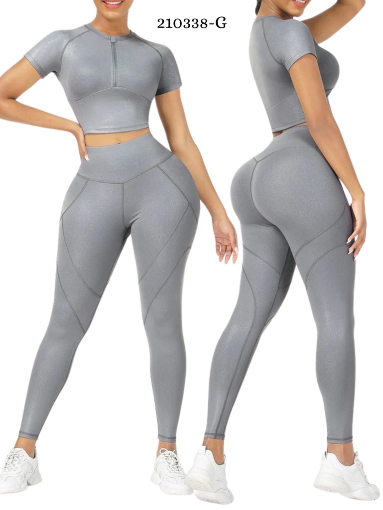 [386210338GS] Women's Gray Zip Crop Top & Leggings Activewear Set 210338-G (S)