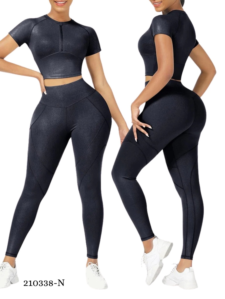 [386210338NL] Women's Black Zip Crop Top & Leggings Activewear Set 210338-N (L)
