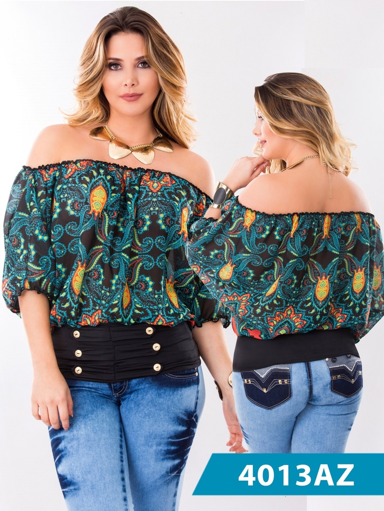 [2454013AZM] Women's Teal Print Off-Shoulder Blouse 4013AZ